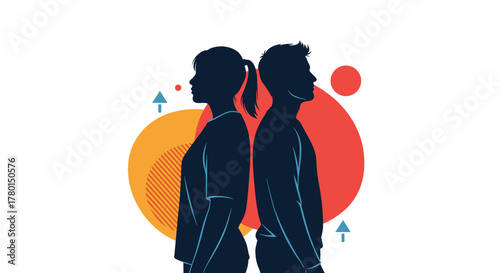 Silhouettes of a man and a woman standing back to back with abstract shapes and upward arrows, representing individual paths or relationship dynamics.