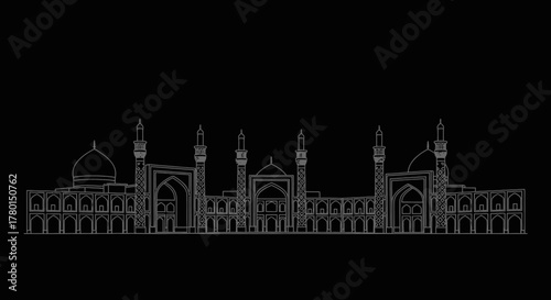 Outline of a large mosque with domes and minarets against a black background