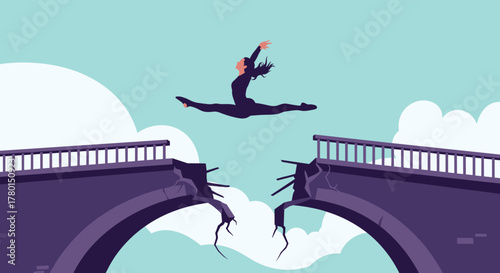 A determined woman gracefully leaps across a broken bridge, demonstrating strength, resilience, and the ability to overcome significant obstacles.