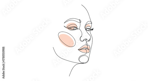 Minimalist one line art drawing of a woman's face with abstract peach accents, conveying modern beauty and simplicity.