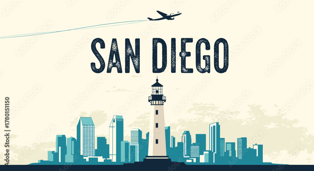 Fototapeta premium Vibrant illustration of the San Diego city skyline, featuring a prominent lighthouse, downtown buildings, and an airplane flying overhead, perfect for travel.