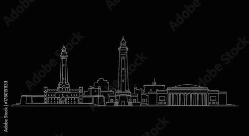 A white line art illustration of a famous English seaside cityscape skyline