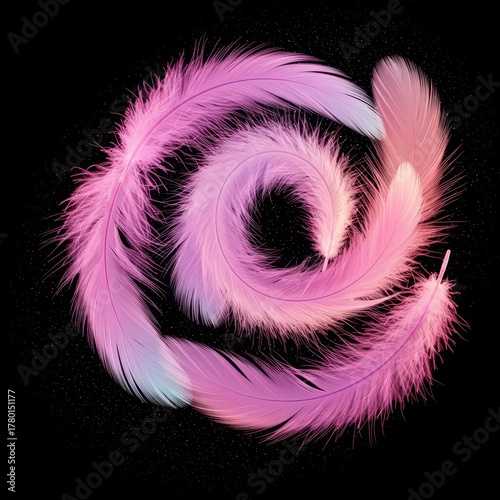 Several soft pink plumes are arranged in a delicate spiral pattern against a dark background