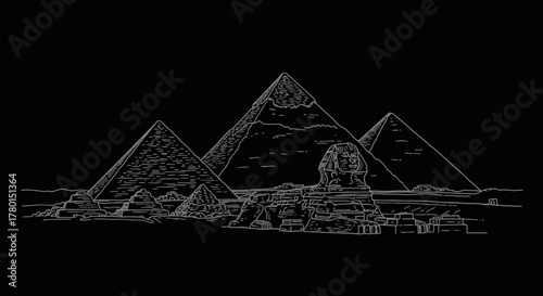 Magnificent Pyramids and Sphinx in Egypt A Dark Artful Line Drawing