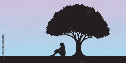An emotional minimalist illustration showing a solitary person sitting under a tree in a calm landscape.