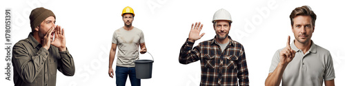 Diverse 40-year-old male laborers, builders, and workers, isolated on a transparent background, displaying various actions. Ideal for construction industry ads, workforce appreciation,