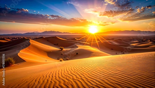 Fototapeta Naklejka Na Ścianę i Meble -  Vast desert landscape bathed in golden sunlight. The sun, a bright orb, casts long rays. Rippling sand dunes extend towards distant mountains