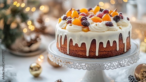 Fototapeta Naklejka Na Ścianę i Meble -  Elegantly decorated fruit cake on a cake stand with whipped cream and fruits on top.