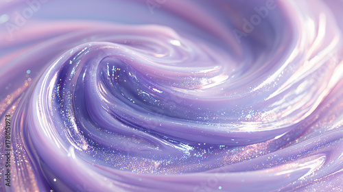 Macro shot of swirling cosmetic cream — purple and pink with glitter, abstract glossy fluid texture