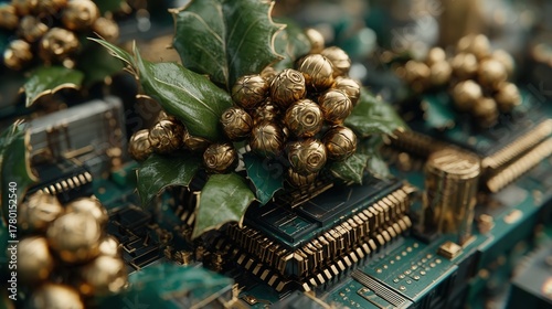 christmas technology Circuit board adorned with decorative berries and leaves.