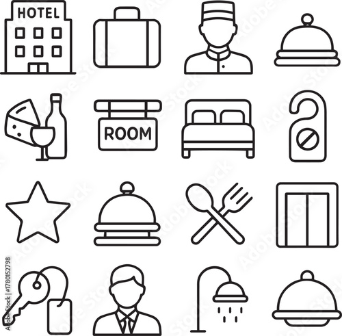 Vector monochrome line icon set about hotel