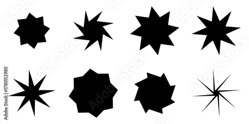 Collection of starburst icons simple black glyph design elements isolated on a white background for graphic design and decoration. EPS vector illustration
