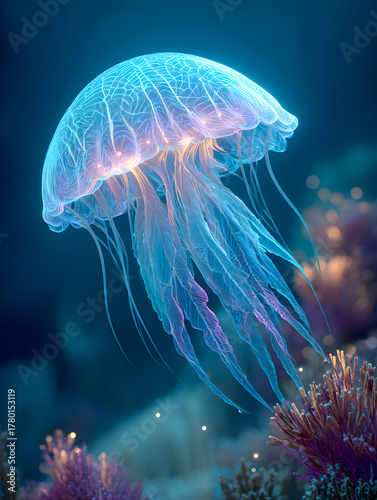 Vibrant bioluminescent jellyfish in dark ocean — vertical illustration, colorful tentacles, fantasy underwater scene