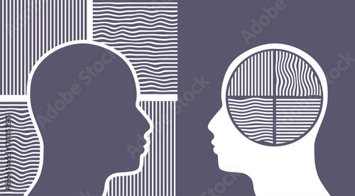 Introvert and extrovert comparison. Human heads with arrow. Different character social individuality with feelings and emotions expression or holding them inside.