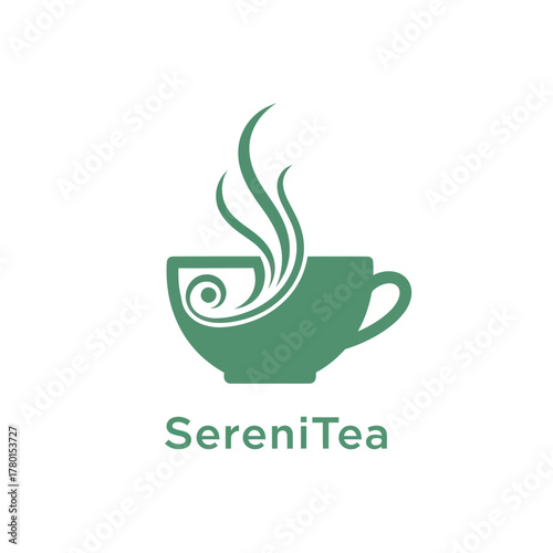 Green tea cup logo with steam and text SereniTea.