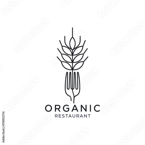 Minimalist Line Art Logo of a Wheat Stalk Merging with a Fork for Organic Restaurant.