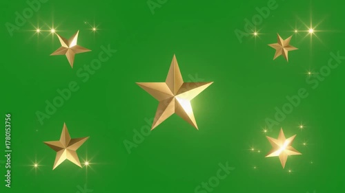 Golden stars with sparkling effects on a vibrant green screen background.