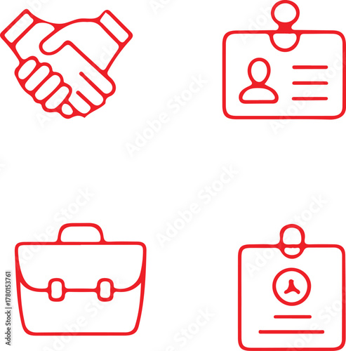 Red business icons set with handshake, briefcase, and ID card line style