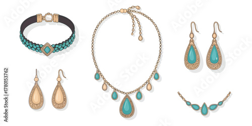 Collection of ornate gold and turquoise jewelry, including a choker necklace, statement necklace, and drop earrings