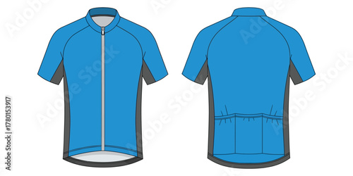 Sportswear cycling jersey front and back view, blue and grey with zipper for cycling apparel design