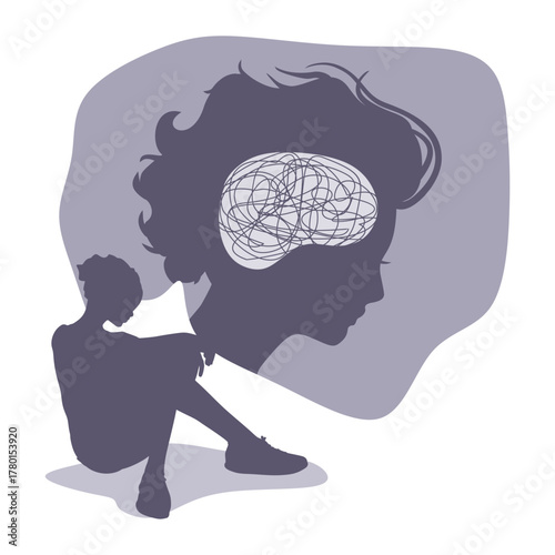 Psychotherapy, stress and psychosis. Young woman with a tangled nerves, scribbles symbolizing a depressed state of a person. Psychological help. Personality disorder and depression