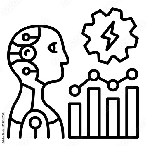 AI Business Intelligence and Data Analytics Icon. Robot Analyzing Performance Charts and Powering Decisions with Machine Learning Algorithms.