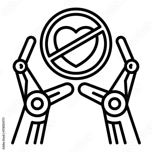 Prohibiting Emotional AI Icon. Robotic Hands Holding a Crossed-Out Heart - Concept for the Ban on Machine Empathy and Setting Ethical Red Lines in AI Development.