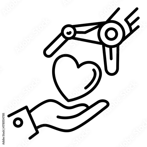 Robotic Compassion and AI Service Icon. Machine Hand Offering a Heart to a Human Hand - Concept of AI in Caregiving, Empathy, and Building Trust in Technology