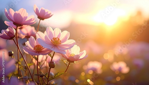 Fototapeta Naklejka Na Ścianę i Meble -  Close up of delicate pink cosmos flowers in a field bathed in the warm golden light of a setting sun creating a soft romantic atmosphere with a shallow depth of field