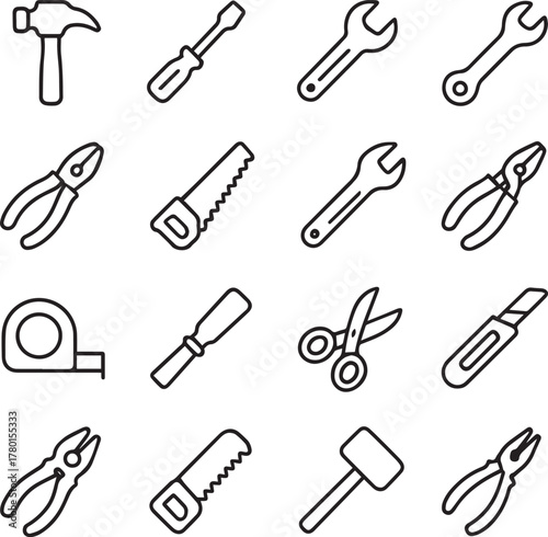 Vector monochrome line icon set about tools