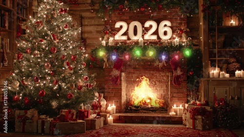 Christmas Fireplace 2026 Home Festive Cozy animation background. 