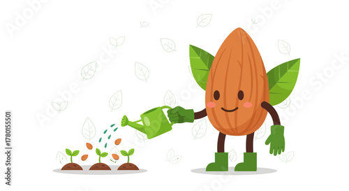 A Cheerful Almond Character Watering New Sprouts In Adorable Cartoon Illustration