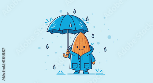 A Cheerful Almond Personified Under a Blue Umbrella in a Rainy Illustration