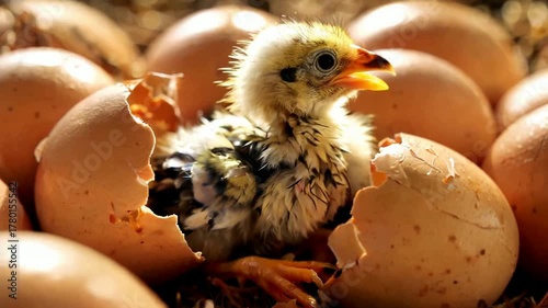 Hatching Chick Emerging from Egg in Nest Closeup