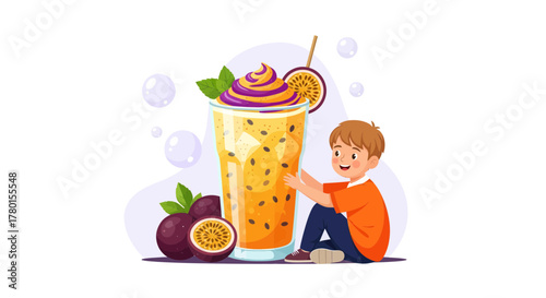 A Cheerful Boy With A Delicious Passion Fruit Drink And Bubbles Illustration