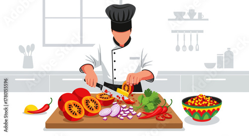 A Chef Expertly Prepares Dishes Using Fresh Ingredients in a Modern Kitchen Setting