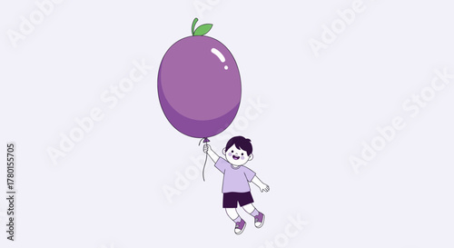 A Cheerful Child Floats With a Whimsical Grape Balloon, Embracing Joyful Freedom