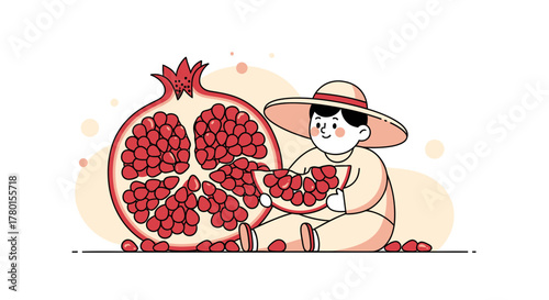 A Child Eating Fresh Pomegranate Fruit In A Bright Sunny Day Cartoon Illustration