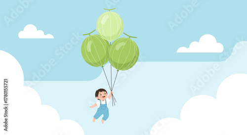 A Cheerful Child Floats With Melon Balloons Against a Blue Sky Background Design