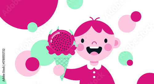 A Cheerful Child Joyfully Munching On A Delicious Dragon Fruit Ice Cream Delight