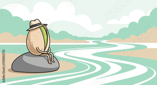 A Contemplative Pistachio Character Relaxing by a Serene River in a Calm Landscape