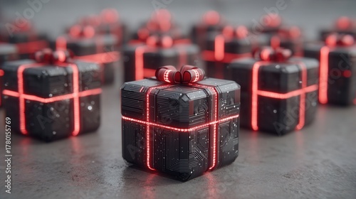 christmas technology Futuristic gift boxes with circuit patterns and glowing accents.