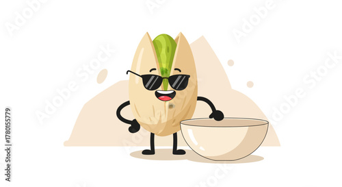 A Cool Pistachio Character with Sunglasses and Bowl Smiling, Ready to Eat Nuts