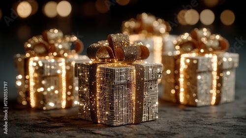 christmas technology Decorative gifts with lights on a blurred background.