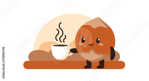 A Cheerful Hazelnut Character Enjoying Coffee, A Whimsical Illustration Design