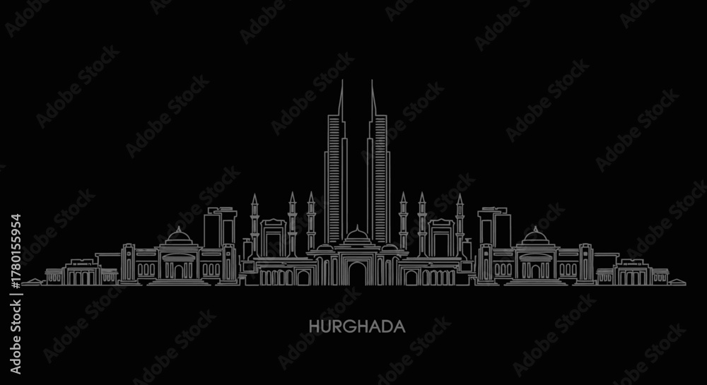 Fototapeta premium Minimalist Cityscape Hurghada's Architectural Silhouette in Vector Outline on Black Background