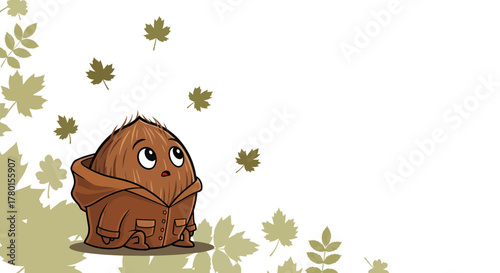A Curious Coconut Character Watching Falling Leaves While Wearing A Cozy Brown Jacket
