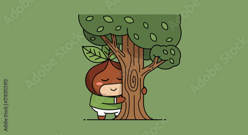 A Cheerful Mascot Embraces a Tree, Manifesting A Feeling of Joyful Connection.