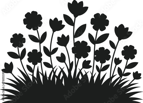 Black silhouette flower bed with grass on white background
