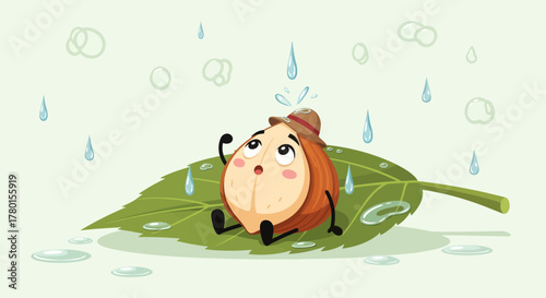 A Curious Nut Character Enjoying the Pleasant Rain While Relaxing on a Leaf